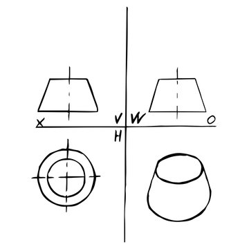 Projection plane of frustum cone - front, top, left side and pictorial view. Mechanical drawing. Geometrical 3D object for technical documentation, schoolbooks and design. Vector illustration. EPS10