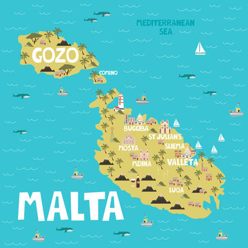 Illustration map of Malta with city, landmarks and nature. Editable vector illustration