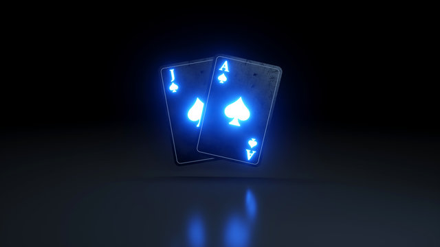 Blackjack Poker Cards Casino Concept With Glowing Neon Lights Isolated On The Black Background - 3D Illustration