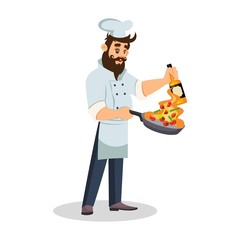 Handsome bearded chef holding frying pan with vegetables in flame in one hand and bottle in other hand. Brunet cook in uniform preparing meal. Restaurant staff. Vector cartoon illustration isolated.
