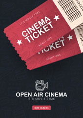 Cinema banner with tickets, film strips, popcorn and theatre sign. Hand draw doodle background.