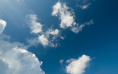 Panoramic view of a bright blue sky with fluffy white clouds on a sunny day