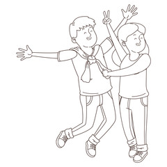 Teenagers friends smiling and having fun cartoon in black and white