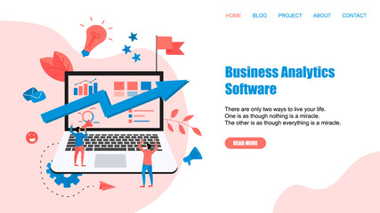 Webpage Template. Business analytics software blue arrow. Finance concept.	