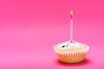Celebration or holiday event concept - single muffin cake with burning candle on a pink background (copy space).