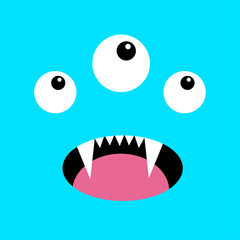 Monster head. Boo Spooky Screaming face emotion. Three eyes, tongue, teeth fang, mouse. Square head. Happy Halloween card. Flat design style. Blue background.