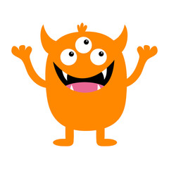 Monster orange silhouette. Cute cartoon kawaii scary funny character. Baby collection. Three eyes, fang tooth tongue, hands up. White background. Isolated. Happy Halloween. Flat design.