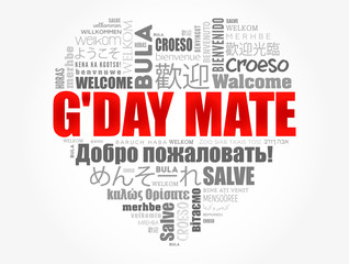 Fototapeta premium G'day Mate (Welcome in Australian) love heart word cloud in different languages