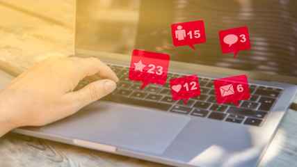 Freelance woman using laptop computer. Social, media, Marketing concept