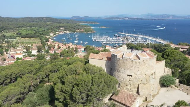 Aerial view of Porquerolles island in National park of Port Cros, the village and harbor of Porquerolles seen from the castle Sainte Agathe