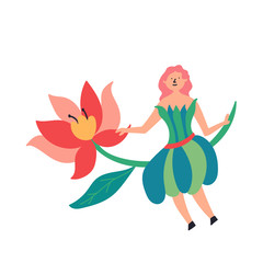 Fairy-tale character fairy sitting on a flower sprig. Fairytales. Editable Vector Illustration