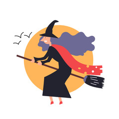 The fantastic character the witch flies sitting on a broomstick. Fairy tales. Halloween. Editable Vector Illustration