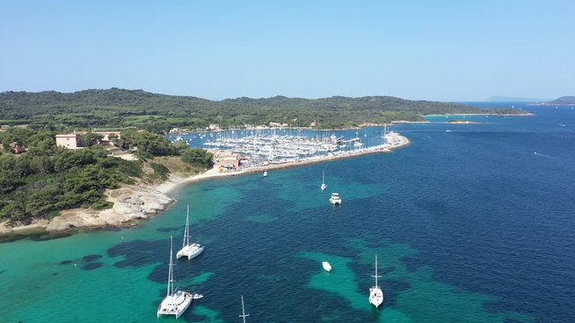 Aerial view of Porquerolles island in National park of Port Cros, view of Notre Dame Beach