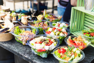 Vegetariansalads, mussels at a street festival