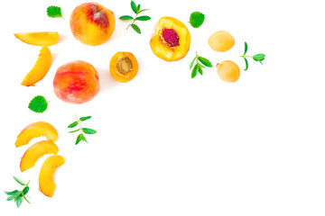 Ripe peaches with leaves isolated on white background. Top view. Flat lay with copy space
