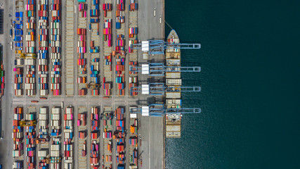 Aerial view cargo ship terminal, Unloading crane of cargo ship terminal, Aerial view industrial...