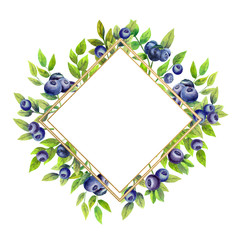 Golden geometric frame with ripe blueberries on white isolated background. Watercolor illustration.
