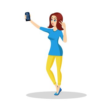 Pretty brunette girl in blue mini dress and yellow leggins holding smartphone in hand and showing peace, victory gesture. Young woman blogger taking selfie. Vector cartoon illustration on white.