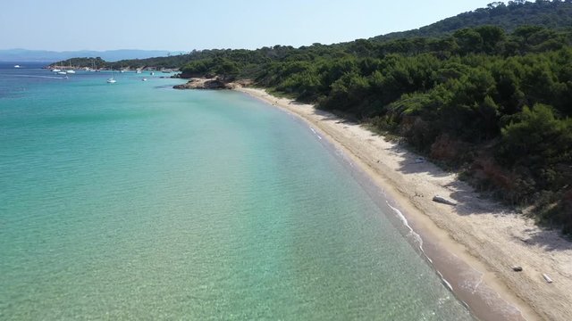Aerial view of Porquerolles island in National park of Port Cros, view of Notre Dame Beach