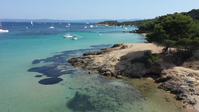 Aerial view of Porquerolles island in National park of Port Cros, view of Notre Dame Beach