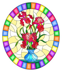 Illustration in stained glass style with floral still life,  bouquet of pink irises in a blue  vase on a yellow background,round image in bright frame