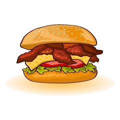 Chicken or bacon burger including slices of meat, cheese, lettuce, tomato, sauce in fresh toasted bun. Fast food for barbecue, sneak, breakfast. Vector cartoon ison isolated on white for menu, recipe.