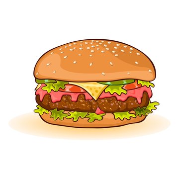 Calorific fattening fast food. Cheeseburger with slices of beef patty, cheese, ketchup, tomato, cucumber or pickles, lettuce, sauce. All served in toasted bun with sesame seeds. Vector cartoon icon.