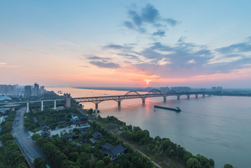 jiujiang yangtze river bridge at dusk
