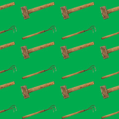 Seamless pattern of hoe and hammer on a green background