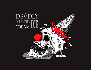 Naklejka premium Clown skull ice cream fell on the ground, waffle cone sticking up and splashes fly away, the ice cream melts and flows. Creepy cartoon illustration for prints, t-shirts, Halloween or tattoo. 