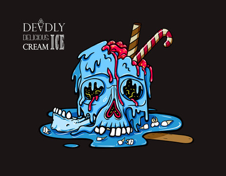 Ice cream skull melts and flows. Broken jaw, teeth fell out. Candy cane sticks out of ice cream. Creepy cartoon illustration for prints, t-shirts, Halloween or tattoo.