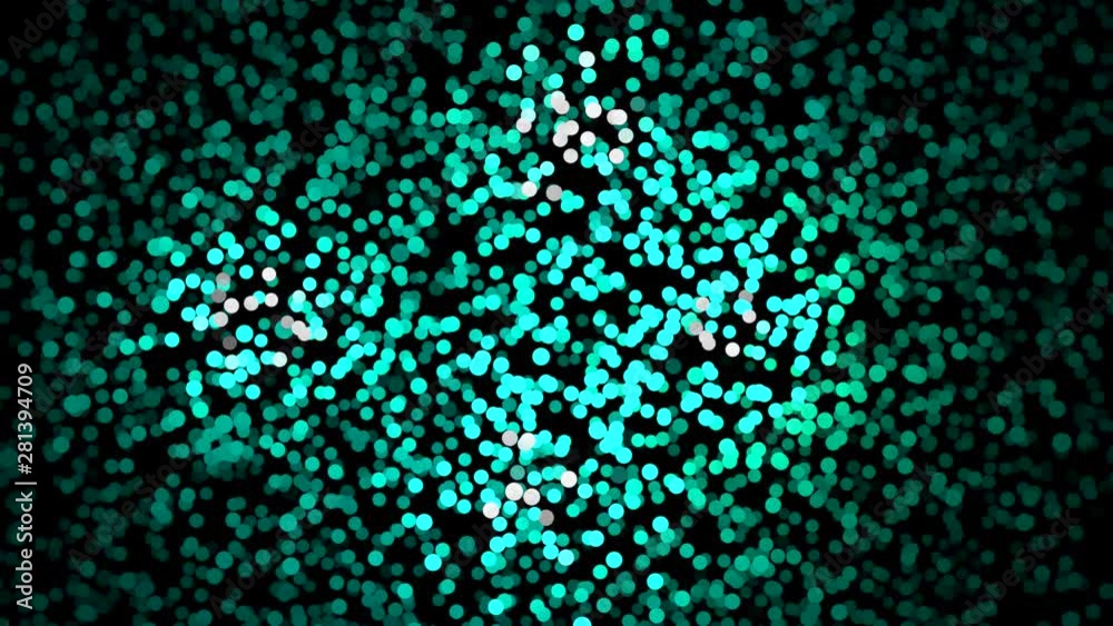 Poster Abstract animation of small colorful particles chaotically moving on the black background and changing a color. Animation. Dynamic colorful animation on the black background