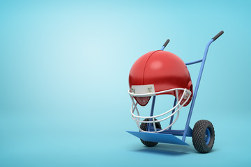 3d rendering of navy blue hand truck standing upright with red sport helmet on it on light-blue background.