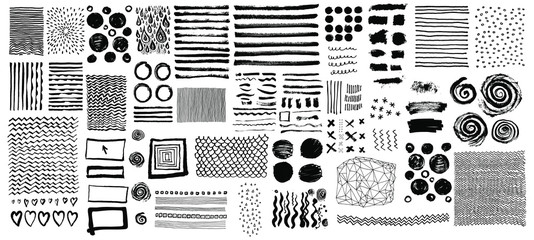 Vector set of grungy hand drawn textures. Lines, circles, crosses, smears, spirals, waves, brush strokes, triangles. Hand drawn elements for your graphic design - obrazy, fototapety, plakaty
