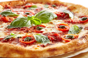 Pizza with Cherry Tomato, Mozzarella Cheese and Tomato Sauce Isolated