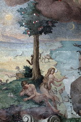 Adam and Eve in the Garden of Eden, fresco on the ceiling of the Saint John the Baptist church in Zagreb, Croatia - obrazy, fototapety, plakaty