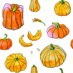 Seamless pattern from bright orange autumn pumpkin doodles. Fall harvest. Vector stock set. Cute icons with watercolor texture. Can be used for printed materials. Hand drawn. Halloween, thanksgiven.