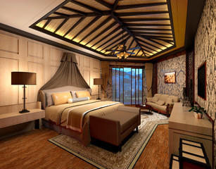Bedroom or Hotelroom Interior 3D Illustration Photorealistic Rendering