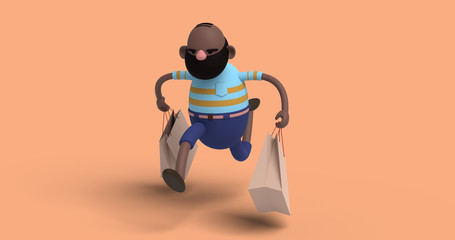 Bald man with paper bag on color background front view