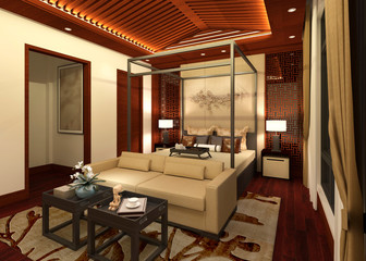 Bedroom or Hotelroom Interior 3D Illustration Photorealistic Rendering