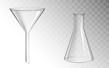Glass funnel and flask, glassware for chemical laboratory isolated on transparent background, filtration and test medical science lab, chemistry equipment. Realistic 3d vector illustration, clip art
