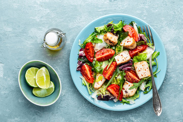 chicken breast salad with fresh vegetables top view and space for a text