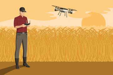 Farmer with drone on a wheat field. Digital transformation in agriculture and smart farming. Vector illustration EPS10 © scharfsinn86