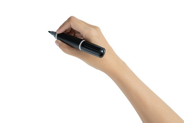 close up of hand holding black magic marker pen ready to writing something isolated on white...