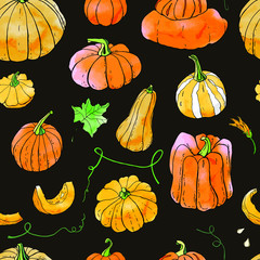 Seamless pattern from bright orange autumn pumpkin doodles. Fall harvest. Vector stock set. Cute icons with watercolor texture. Can be used for printed materials. Hand drawn. Halloween, thanksgiven.