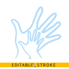 Child hand in adult hand icon. Line doodle sketch. Editable stroke icon.