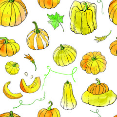 Seamless pattern from yelllow orange autumn pumpkin doodles. Fall harvest. Vector stock set. Cute icons with watercolor texture. Can be used for printed materials. Food background. Hand drawn.