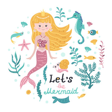 Poster with mermaid, sea animals and lettering