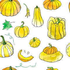 Seamless pattern from yelllow orange autumn pumpkin doodles. Fall harvest. Vector stock set. Cute icons with watercolor texture. Can be used for printed materials. Food background. Hand drawn.