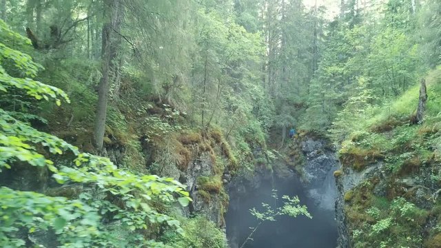 View of man standing near deep ravine with the debris of rocks and trees covered with moss in forest near the high old trees and shrubs. Stock footage. Beautiful view of mysterious forest